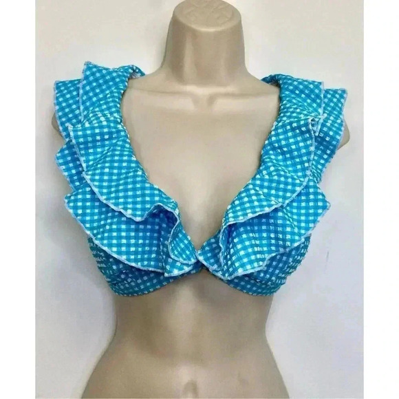 Lilly Pulitzer Womens 14 Aelin Bikini Top Turquoise Blue Gingham Print Ruffles - Picture 2 of 12